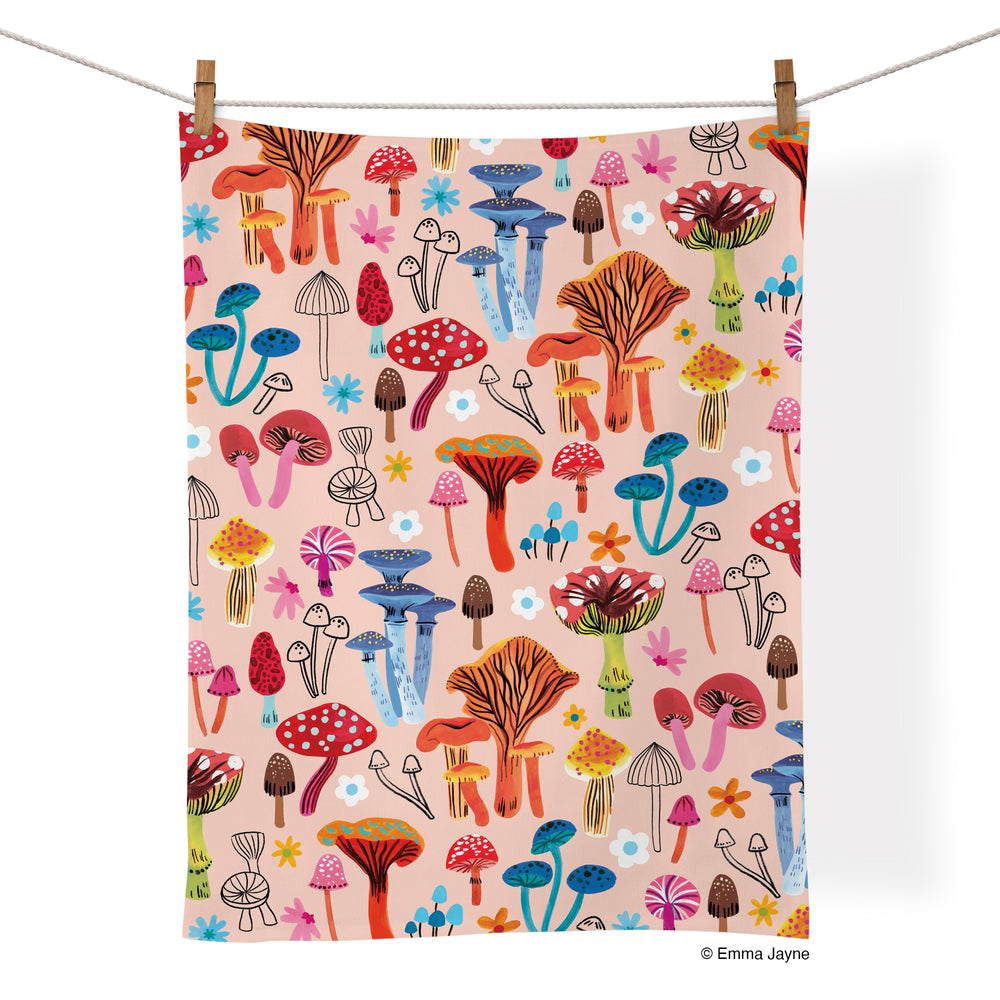 Art by Emma Jayne, mushroom patch tea towel, mushrooms, colorful towels, unique dish towels,
tea towels cotton, kitchen towels cotton