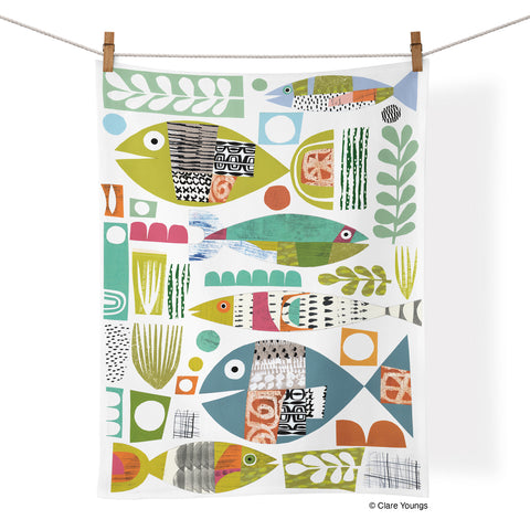 Art by Clare Youngs, fish school towel, colorful towels, unique dish towels,
tea towels cotton, kitchen towels cotton