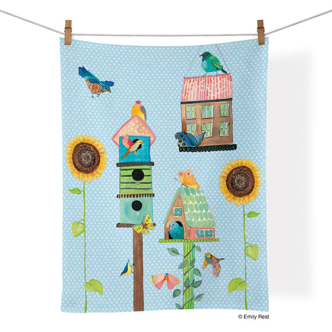 Art by Emily Reid, Birdhouse Lane Cotton Tea Towel, artistic cotton towels, cotton tea towels, kitchen decor, 100% cotton kitchen towel