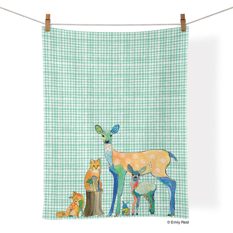 art by emily reid, forest friends towel, deers, fox, artistic cotton towels, cotton tea towels, kitchen decor, 100% cotton kitchen towel,