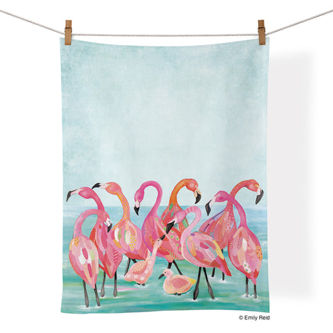 Art by Emily Reid, flamingo beach cotton tea towel, where to buy tea towels, tea towels for sale,
cool dish towels, cotton kitchen towels,