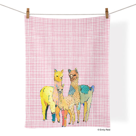 art by emily reid, llama family towel, artistic cotton towels, cotton tea towels, kitchen decor, 100% cotton kitchen towel,
where to buy tea towels, tea towels for sale,
