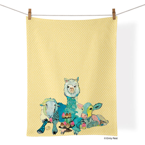 Art by Emily Reid, picnic tea towel, llamas, cows, sheep, artistic cotton towels, cotton tea towels, kitchen decor, 100% cotton kitchen towel