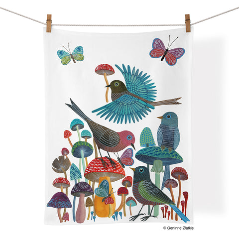 Art by Geninne Zlatkis, Mushroom tea towel, birds, butterflies, colorful towels, unique dish towels,
tea towels cotton, kitchen towels cotton