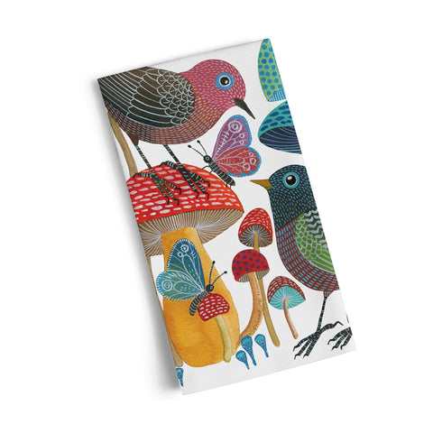 Art by Geninne Zlatkis, Mushroom tea towel, birds, butterflies, colorful towels, unique dish towels,
tea towels cotton, kitchen towels cotton, artist designed hand towels