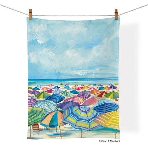 Art by Karyn Panganiban, umbrella beach, beach scene, beach umbrella, artistic cotton towels, cotton tea towels, kitchen decor, 100% cotton kitchen towel