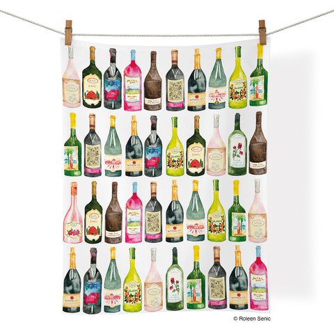 Art by Roleen Senic, wine bottle towel, wine lovers, wine bottles, artistic cotton towels, cotton tea towels, kitchen decor, 100% cotton kitchen towel