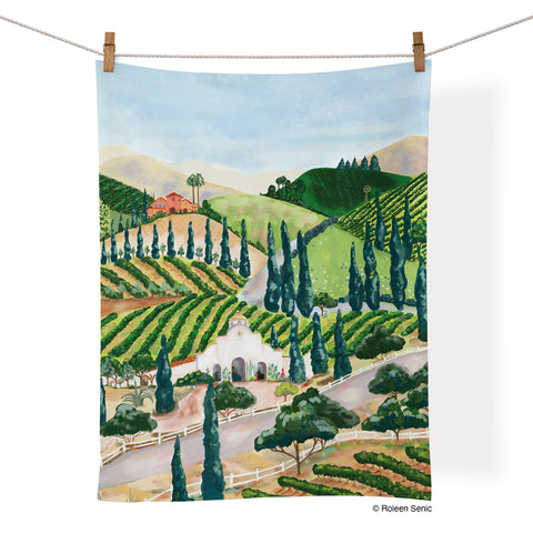 Art by Roleen Senic, vineyard towel, wine, tuscany, artistic cotton towels, cotton tea towels, kitchen decor, 100% cotton kitchen towel