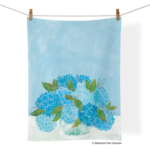 Art by Stephanie Fizer Coleman, Blue Hydrangeas Cotton Tea Towel, artistic cotton towels, cotton tea towels, kitchen decor, 100% cotton kitchen towel, where to buy tea towels, tea towels for sale, cool dish towels