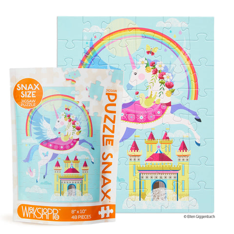 Art by Ellen Giggenbach, Rainbow Unicorn 48 Piece Jigsaw Puzzle Snax, castle, colorful kids puzzle