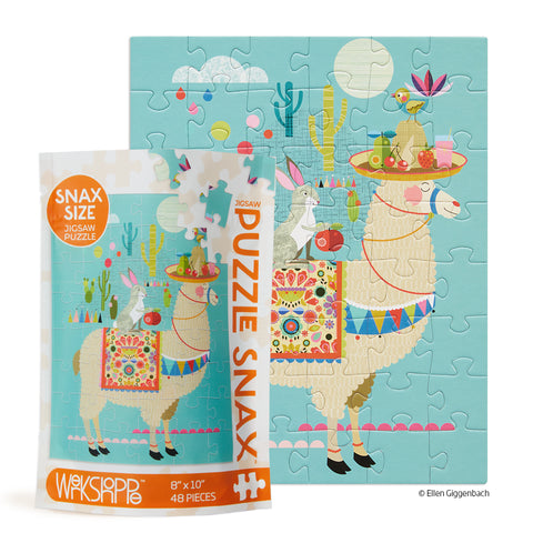 Art by Ellen Giggenbach, Llama puzzle for kids, 48 piece puzzle, travel puzzle, artist designed puzzles, colorful kids jigsaw puzzle
