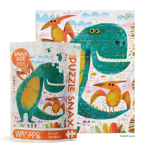 T-Rex and Friends 48 Piece Jigsaw Puzzle Snax, art by Gareth Lucas, dinosaur puzzle for kids, artist designed puzzles,