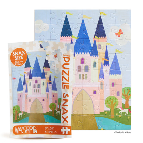 Pink Royal Castle 48 Piece Jigsaw Puzzle Snax, art by Melanie Mikecz, puzzles for beginners, jigsaw puzzles for kids