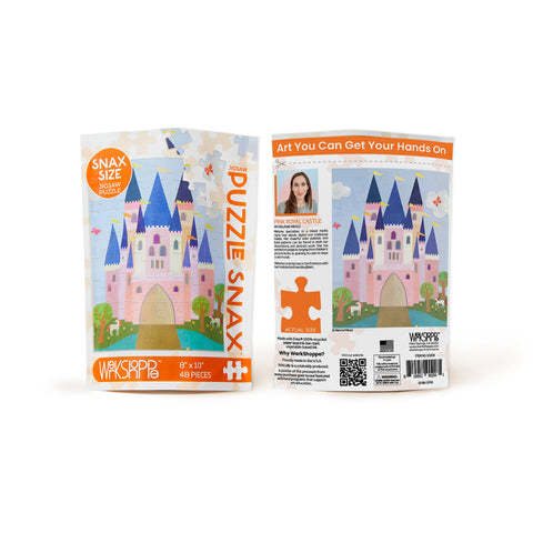 Pink Royal Castle 48 Piece Jigsaw Puzzle Snax, art by Melanie Mikecz, puzzles for beginners, jigsaw puzzles for kids