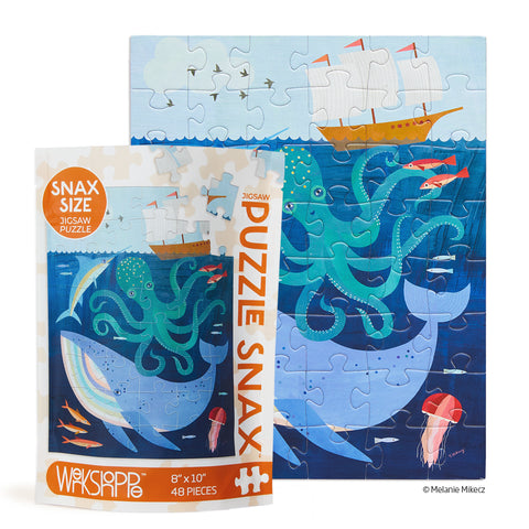 Deep Sea Adventure 48 Piece Puzzle Snax, Art by Melanie Mikecz, underwater landscape, octopus, whale, travel size puzzles, gifts for kids