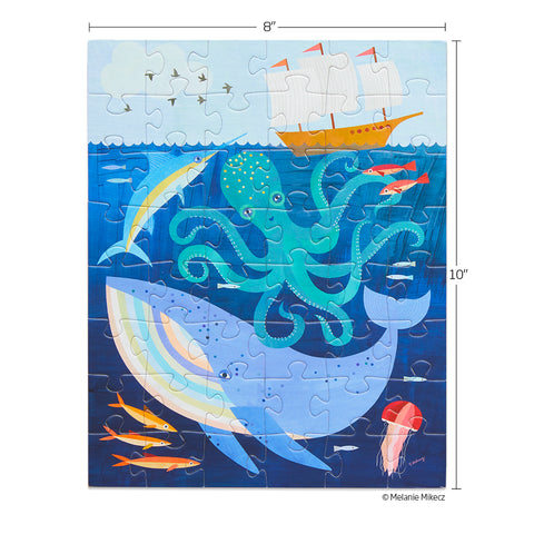 Deep Sea Adventure 48 Piece Puzzle Snax, Art by Melanie Mikecz, underwater landscape, octopus, whale, travel size puzzles, gifts for kids