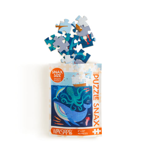 Deep Sea Adventure 48 Piece Puzzle Snax, Art by Melanie Mikecz, underwater landscape, octopus, whale, travel size puzzles, gifts for kids