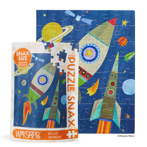 Art by Melanie Mikecz, outer space 48 piece puzzle, jigsaw puzzles for kids, artist designed puzzles, rocket ships, space lovers