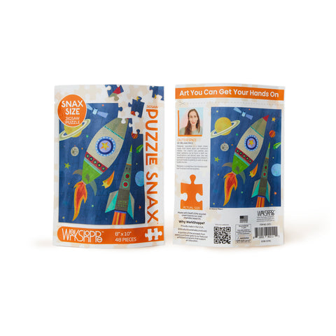 Art by Melanie Mikecz, outer space 48 piece puzzle, jigsaw puzzles for kids, artist designed puzzles, rocket ships, space lovers
