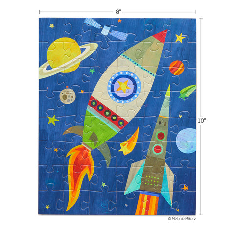 Art by Melanie Mikecz, outer space 48 piece puzzle, jigsaw puzzles for kids, artist designed puzzles, rocket ships, space lovers