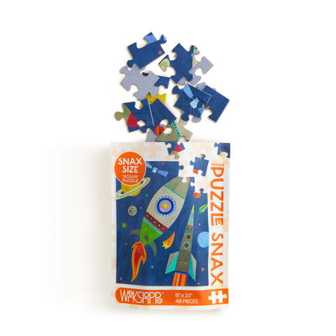 Art by Melanie Mikecz, outer space 48 piece puzzle, jigsaw puzzles for kids, artist designed puzzles, rocket ships, space lovers