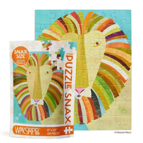 Colorful Lion 48 Piece Jigsaw Puzzle Snax, Art by Melanie Mikecz, animal puzzle, mini jigsaw puzzle, 100% recycled & non-toxic