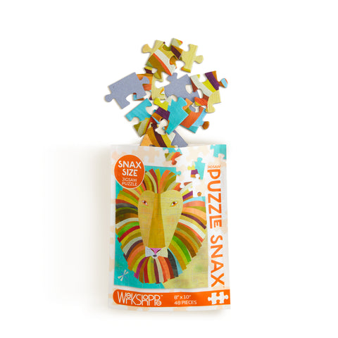 Colorful Lion 48 Piece Jigsaw Puzzle Snax, Art by Melanie Mikecz, animal puzzle, mini jigsaw puzzle, 100% recycled & non-toxic