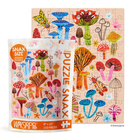 Mushroom Patch 100 Piece Jigsaw Puzzle, Art by Emma Jayne, mushroom lovers, artist designed puzzles, travel puzzle