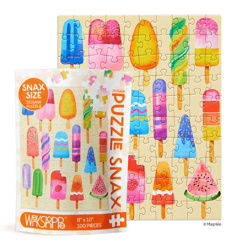 Popsicle Party 100 Piece Jigsaw Puzzle, Art by Magrikie Berg, colorful summer scene, ice pops, kids puzzle