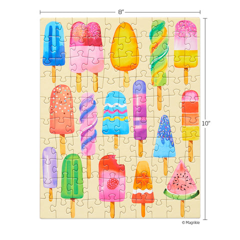 Popsicle Party 100 Piece Jigsaw Puzzle, Art by Magrikie Berg, colorful summer scene, ice pops, kids puzzle