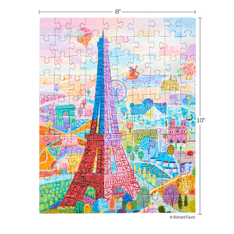 Paris Holiday 100 Piece Jigsaw Puzzle, art by Richard Faust, Eiffel Tower puzzle, Paris, France, artist designed puzzles,