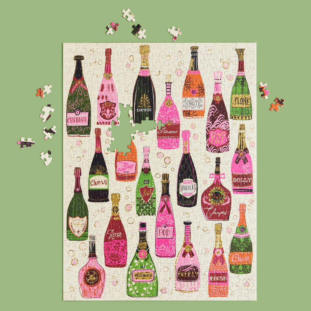 Bubble Pop Fizz 500 Piece Jigsaw Puzzle, art by Helen Black, artist designed puzzles, unique puzzles, champagne bottles
