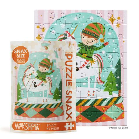 Magic Snow Globe 48 Piece Holiday Puzzle Snax, Art by Kenzie Kae Elston, christmas puzzle, holiday kids puzzle, unicorn, elf, 48 piece puzzle for kids, mini puzzle