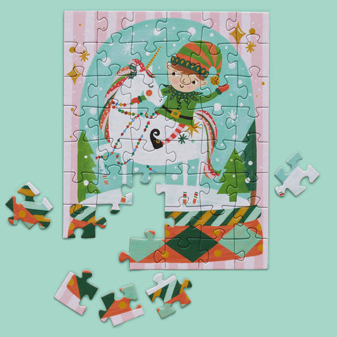 Magic Snow Globe 48 Piece Holiday Puzzle Snax, Art by Kenzie Kae Elston, christmas puzzle, holiday kids puzzle, unicorn, elf, 48 piece puzzle for kids, mini puzzle