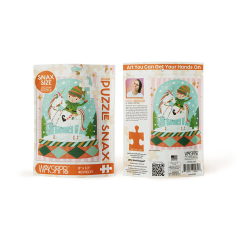Magic Snow Globe 48 Piece Holiday Puzzle Snax, Art by Kenzie Kae Elston, christmas puzzle, holiday kids puzzle, unicorn, elf, 48 piece puzzle for kids, mini puzzle