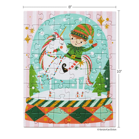 Magic Snow Globe 48 Piece Holiday Puzzle Snax, Art by Kenzie Kae Elston, christmas puzzle, holiday kids puzzle, unicorn, elf, 48 piece puzzle for kids, mini puzzle