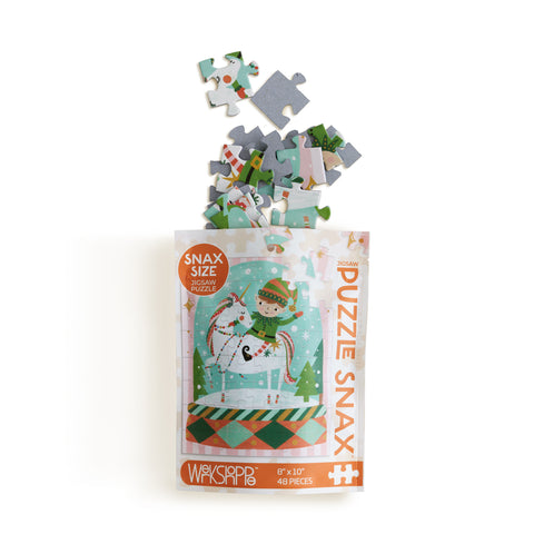 Magic Snow Globe 48 Piece Holiday Puzzle Snax, Art by Kenzie Kae Elston, christmas puzzle, holiday kids puzzle, unicorn, elf, 48 piece puzzle for kids, mini puzzle