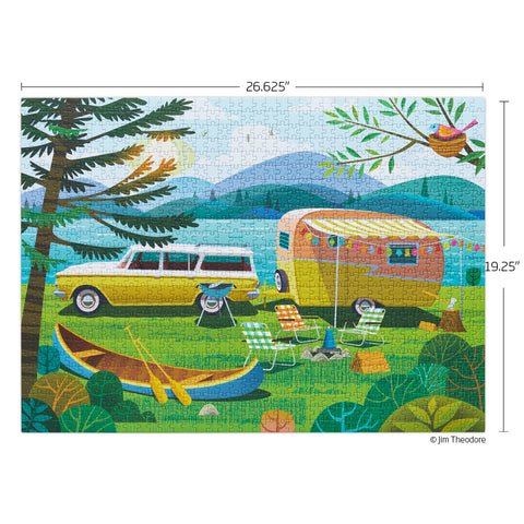 Happy Camper 1000 Piece Puzzle, art by jim theodore, puzzle lovers, 1000 piece puzzle, jigsaw puzzles,
100% recycled & non-toxic, puzzle gifts, camping, camper, summer scene