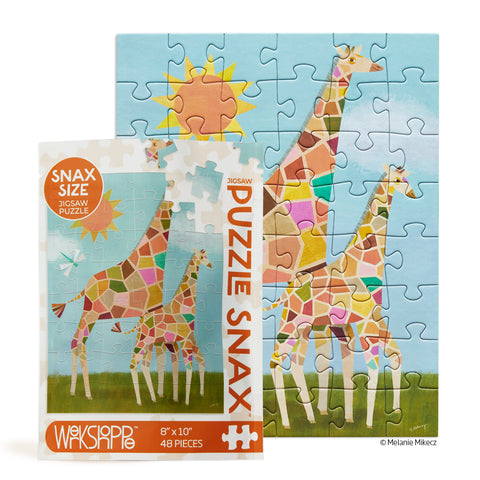 Sunshine Giraffes 48 Piece Puzzle Snax, art by Melanie Mikecz, giraffes, travel size puzzles, gifts for kids
artist designed puzzles