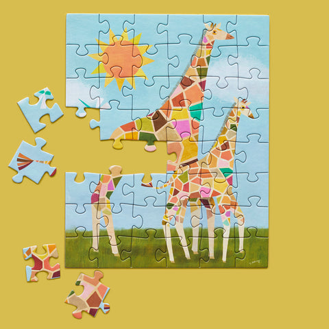 Sunshine Giraffes 48 Piece Puzzle Snax, art by Melanie Mikecz, giraffes, travel size puzzles, gifts for kids
artist designed puzzles