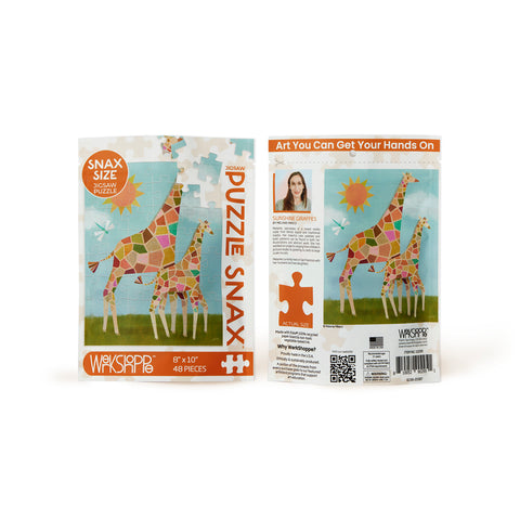 Sunshine Giraffes 48 Piece Puzzle Snax, art by Melanie Mikecz, giraffes, travel size puzzles, gifts for kids
artist designed puzzles