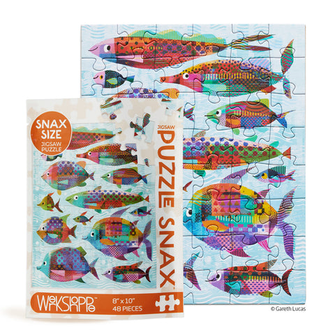 Art by Gareth Lucas, colorful fishes 48 piece puzzle, artist designed puzzles, travel size puzzles, gifts for kids
