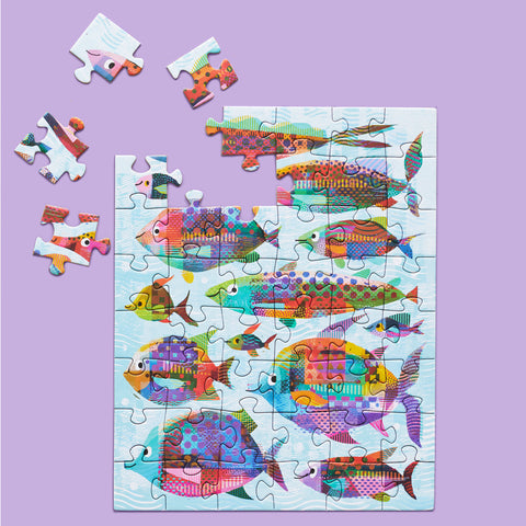 Art by Gareth Lucas, colorful fishes 48 piece puzzle, artist designed puzzles, travel size puzzles, gifts for kids