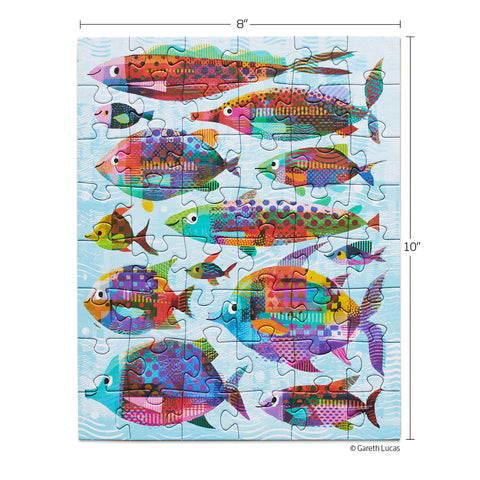 Art by Gareth Lucas, colorful fishes 48 piece puzzle, artist designed puzzles, travel size puzzles, gifts for kids