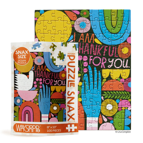 Thankful For You 100 Piece Puzzle Snax, art by Lisa Congdon, coloful puzzle for kids, gratitude, artist designed puzzles
