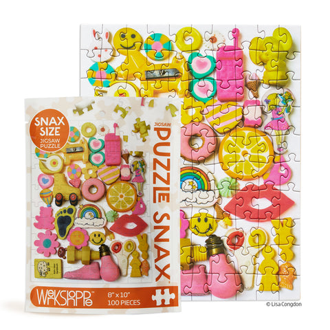 Lemonade 100 Piece Puzzle Snax, art by lisa congdon, yellow and pink, travel size puzzles, gifts for kids, artist designed puzzles