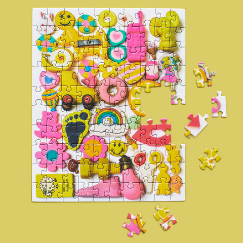 Lemonade 100 Piece Puzzle Snax, art by lisa congdon, yellow and pink, travel size puzzles, gifts for kids, artist designed puzzles