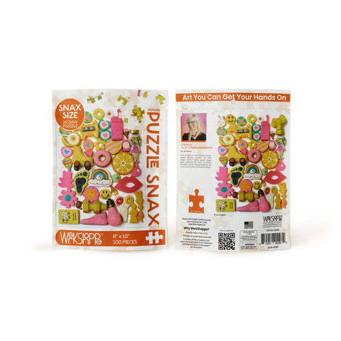 Lemonade 100 Piece Puzzle Snax, art by lisa congdon, yellow and pink, travel size puzzles, gifts for kids, artist designed puzzles