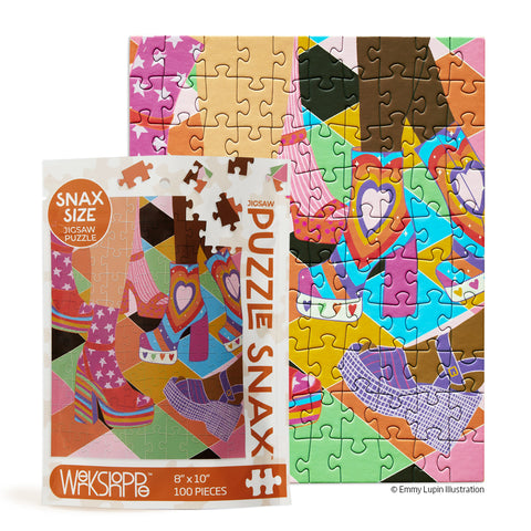 Boogie Shoes 100 Piece Puzzle Snax, art by Emmy Lupin, 100 piece puzzle for kids, puzzles for beginners, disco puzzle