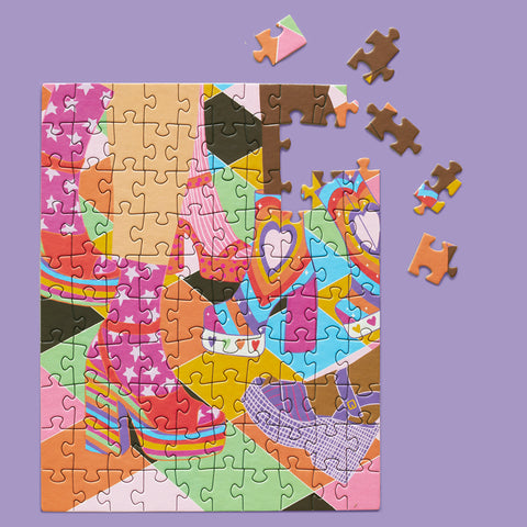 Boogie Shoes 100 Piece Puzzle Snax, art by Emmy Lupin, 100 piece puzzle for kids, puzzles for beginners, disco puzzle
